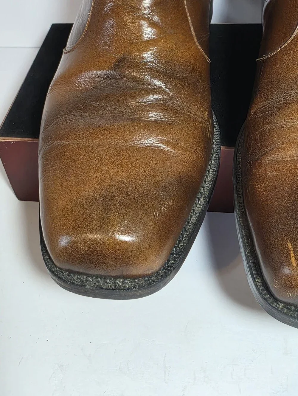 Vintage 70s Mens UN Shoes Brown Leather Zip Harness Boots Square Toe Size 8-8.5